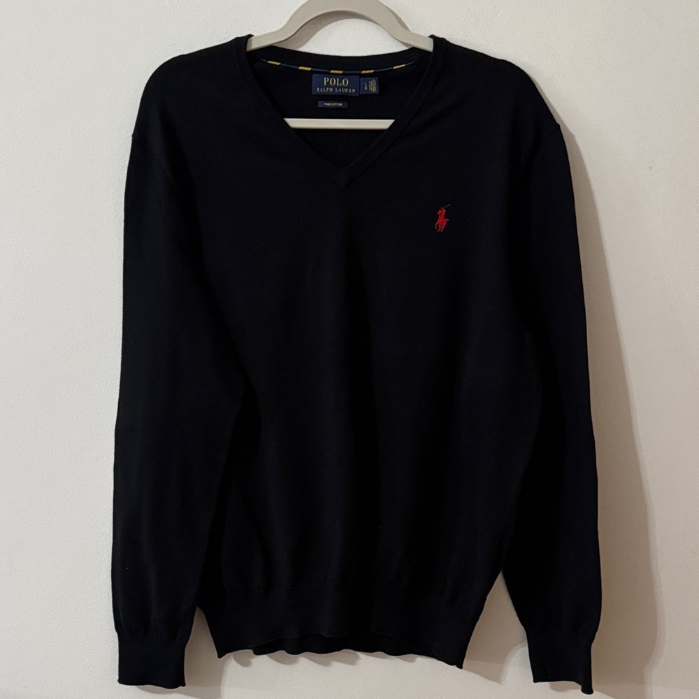 Polo Ralph Lauren Men's Black V-Neck Pima Cotton Sweater with Red Logo